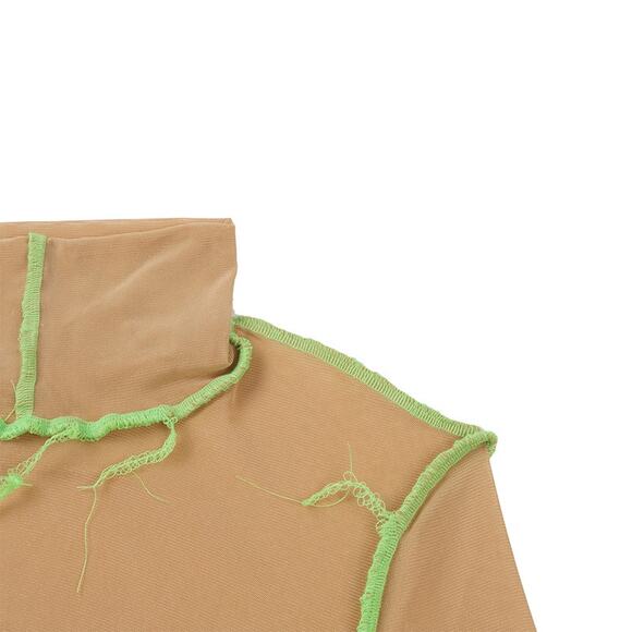 Medium New Mesh Tan Green Long Sleeve Crop Sheer Top Stitch Trim High Neck Y2K - Picture 6 of 9